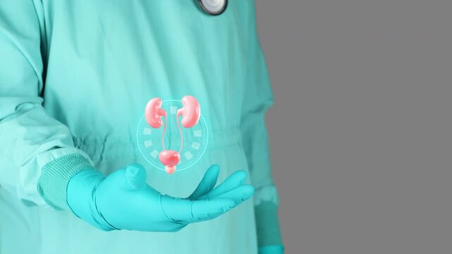 A doctor in a green uniform presents the male urinary system in 3D. Concept of healthy urination, urology, urinary retention, prevention and awareness of incontinence, cystitis, and urethral stricture