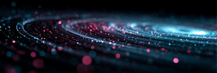 Fototapeta premium Abstract digital particle swirl flowing in circular motion with glowing blue and pink bokeh lights representing futuristic technology, big data stream, and fiber optic network