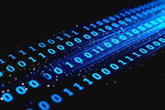 Glowing binary code forms a flowing digital data stream representing information transmission in technology.