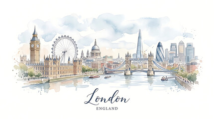 Obraz premium Stylized watercolor illustration of iconic London skyline featuring historic and modern landmarks across the Thames river