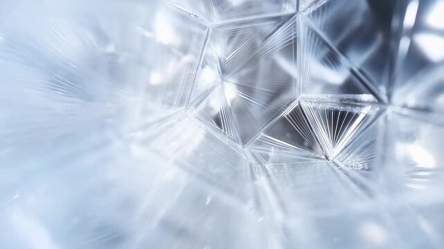 Slow tracking shot of ice crystal macro close up rotating and refracting light on cold surface in studio environment revealing intricate lattice structure