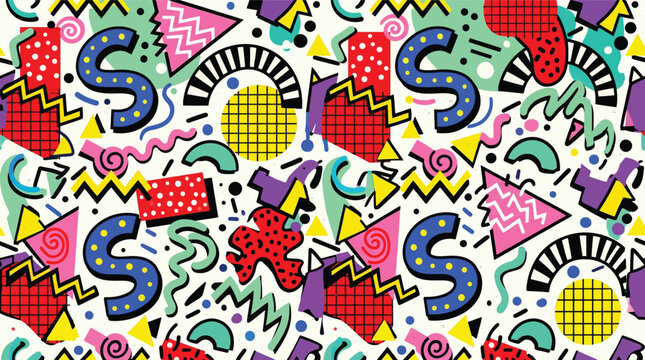 Vector illustration of vibrant memphis style pattern with geometric shapes and swirls