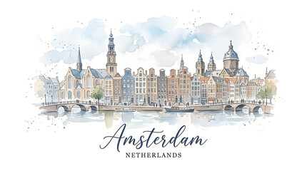 Obraz premium Watercolor Illustration of Amsterdam's Iconic Canal Network with Historical Architecture and Unique Urban Skyline in the
