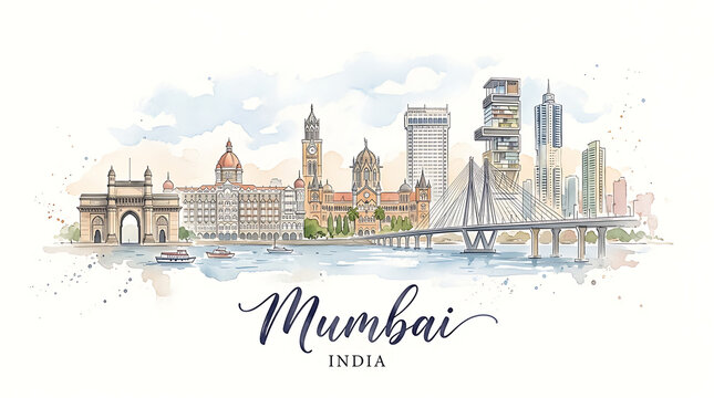 Vibrant watercolor illustration of Mumbai's iconic skyline blending historic landmarks with modern skyscrapers in India