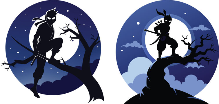 Samurai Ninja warrior silhouettes EPS with full moon, spooky dead trees vector two isolated on white background for gaming logo. graphic design Vector Illustration. 