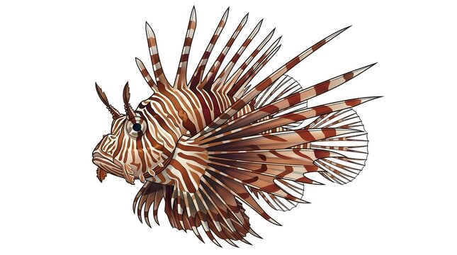 A detailed vector drawing of a venomous lionfish showing its distinctive brown stripes and sharp, long venomous spines on a white background.