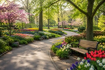 Fototapeta premium Scenic public park with colorful spring flower beds clean walking trail and comfortable wooden benches