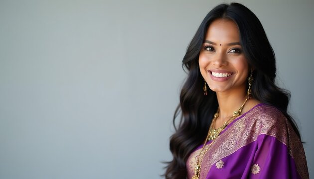 Smiling Indian woman wears traditional purple silk sari with gold embroidery and jewelry. She has long dark wavy hair and a bindi dot on her forehead, looking radiant.