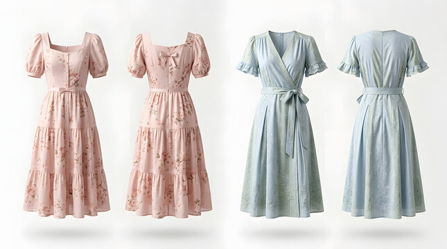 Collection of Elegant Women's Summer Dresses Featuring Floral Pink Gowns and a Classic Light Blue Wrap Dress in Front and Back Views