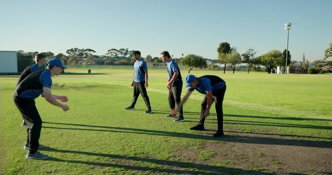 Ball rolling, diverse cricket teammates crouching catching red ball on cricket ground for drill