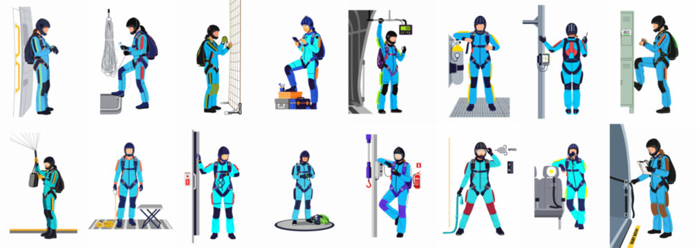 Collection of flat vector illustrations of skydivers and paratroopers in blue jumpsuits performing various pre-flight preparation and safety procedures.