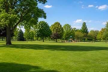 Obraz premium Sunny day view of open green meadow in city park with distant children playground equipment