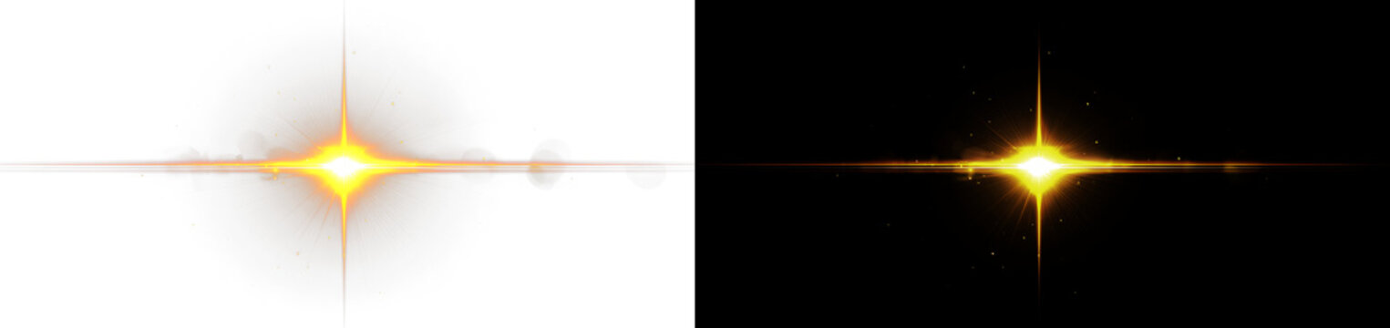 Abstract golden lens flare on black and white background, realistic anamorphic light streak explosion overlay