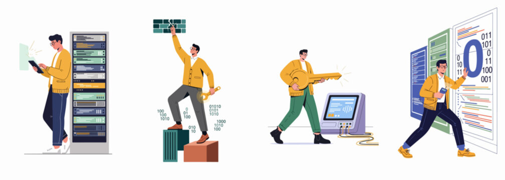 Professional IT specialist performing server maintenance, data security, system repairs, and binary code analysis in a series of flat vector illustrations.