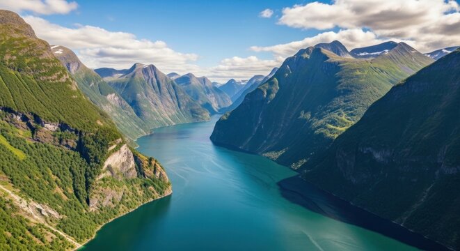 Aerial view of a norwegian fjord with steep mountain slopes and turquoise water on a sunny day