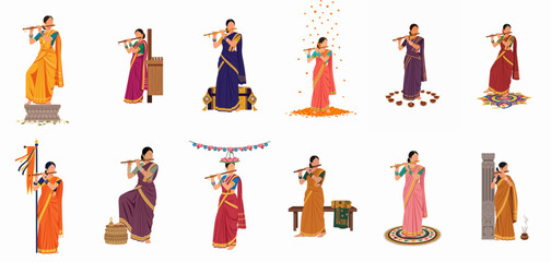 Set of flat vector illustrations of Indian women wearing traditional sarees and playing the flute in various cultural and festive scenes. © Sophie