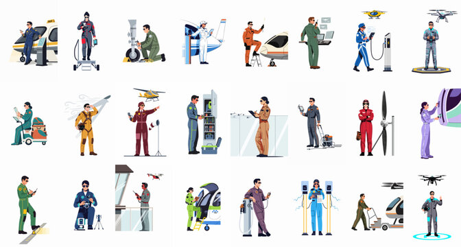 Comprehensive collection of flat vector illustrations depicting various aviation professionals, including pilots, ground crew, technicians, and drone operators working with modern aircraft.