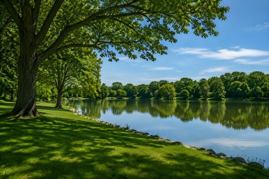 Peaceful empty public park waterfront area with vibrant summer trees reflected in calm lake water