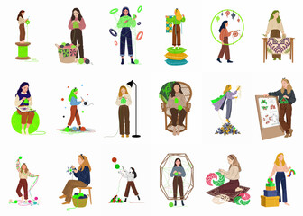 Fototapeta premium Comprehensive set of eighteen flat vector illustrations featuring women and girls engaged in diverse knitting, crocheting, and yarn crafting activities.