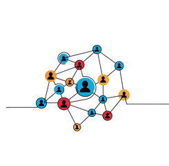Obraz premium Network of connected people icons in blue, red, and orange on white background with lines