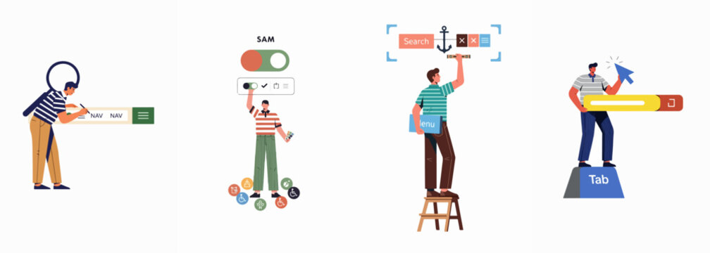 Set of flat vector illustrations depicting professional web designers and developers building user interfaces, focusing on accessibility, navigation, and interactive UI components.