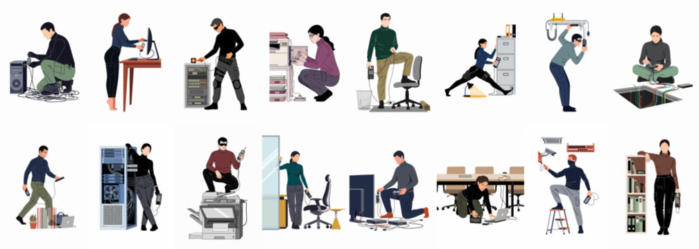 Flat illustration set of technical specialists and hackers interacting with office equipment, servers, and computers for cybersecurity and espionage themes.