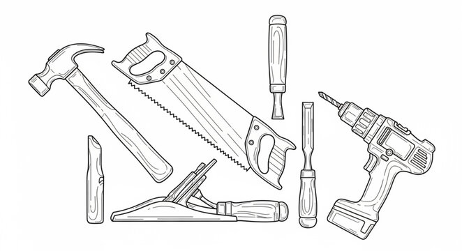 Various tools laid out for a construction project indoors today
