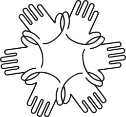 Fototapeta premium Illustration of multiple hands coming together in a circle for teamwork and unity Vector. one line Icon drawing. Editable stroke
