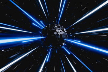 Fototapeta premium A 3D rendered abstract sphere composed of cubes, surrounded by light beams streaking through starry deep space, conveying futuristic digital energy.