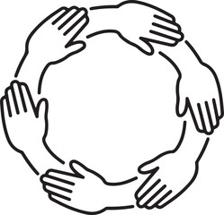 Obraz premium Illustration of multiple hands coming together in a circle for teamwork and unity Vector. one line Icon drawing. Editable stroke