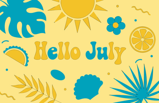Hello july summer background with tropical elements sunshine and beach vacation theme in flat illustration style