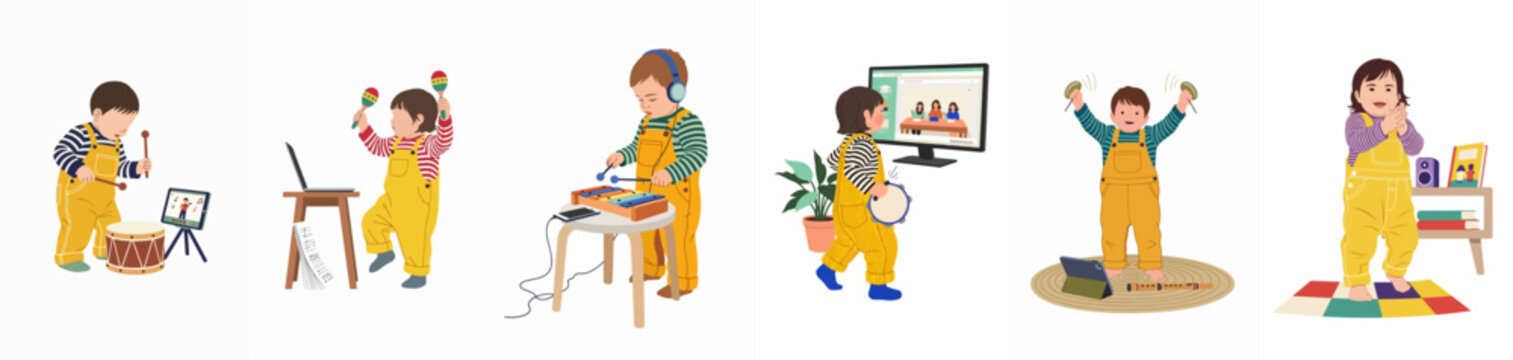 Set of flat illustrations showing toddlers learning and playing various musical instruments through online digital lessons on tablets and computers.