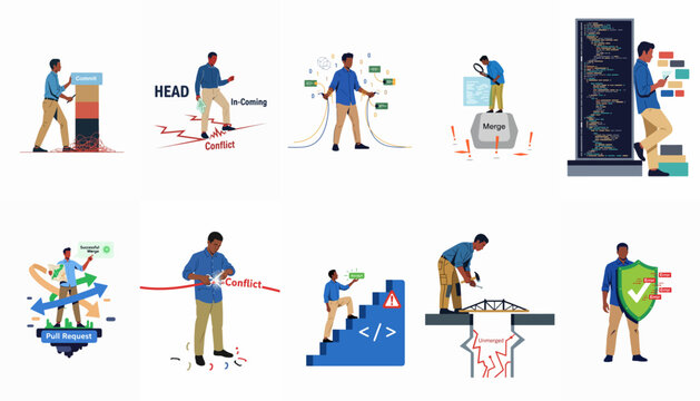 Conceptual illustrations of a software developer managing version control, resolving code conflicts, merging branches, and maintaining servers in a flat vector style.