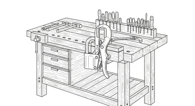 A person holds a tool at a workbench with drawers and tools.