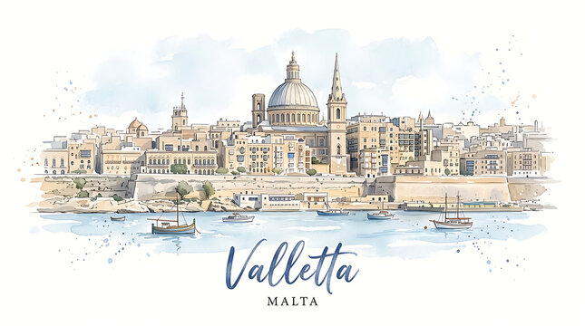 Scenic watercolor depiction of Valletta Malta showcasing historic architecture and waterfront views with vibrant cultural ambiance