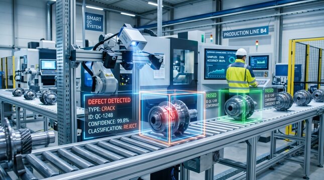 Automated quality control system using AI computer vision to detect defects on a factory conveyor belt.