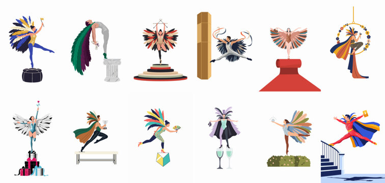 Collection of diverse performers in vibrant costumes with feathers and capes, featuring acrobats, dancers, and aerialists in dynamic poses on various stage elements.