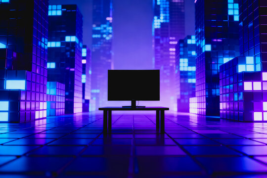 A blank computer monitor rests on a table in a neon-lit futuristic digital cityscape, 3D rendered with purple and blue tones.