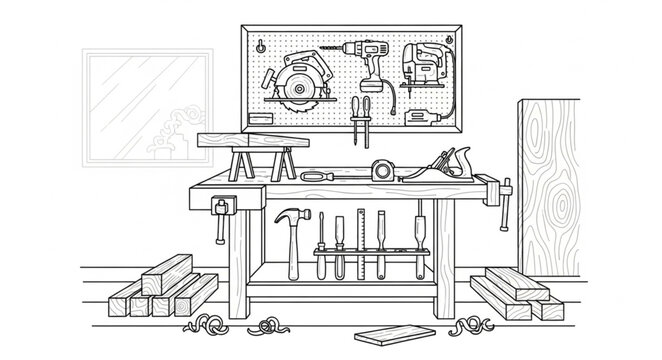 A cluttered workshop scene with tools and equipment on a workbench