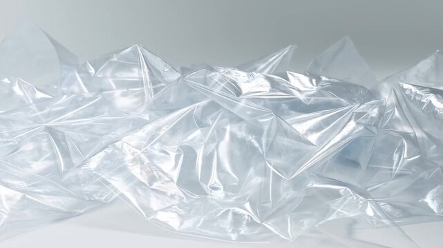 Slow motion close up of crinkled transparent plastic film shifting, folding and settling on white studio surface with soft lighting