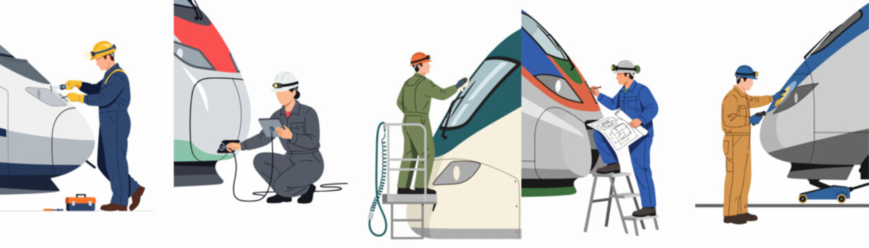 Collection of flat design illustrations showing railway workers and engineers performing maintenance and inspection on high-speed trains in various industrial settings.