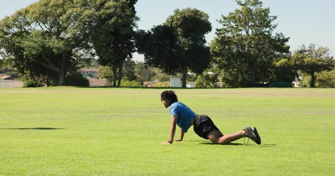 Grassy park field stretching across suburban lawn, showcasing mature trees, tall light pole
