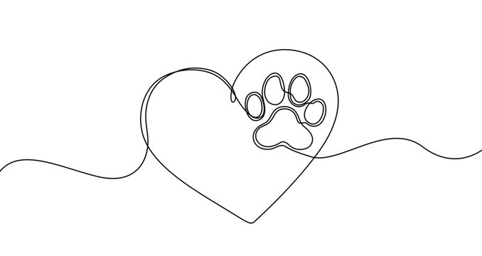 Outline of a heart with a paw print inside, drawn with one continuous line. Symbol of animal love, domestic pets, veterinary care, and shelter. Vector illustration.