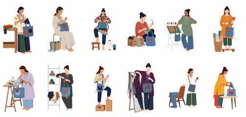 Fototapeta premium Diverse set of women crafting and modeling handmade blue denim tote bags in an artisanal workshop setting.