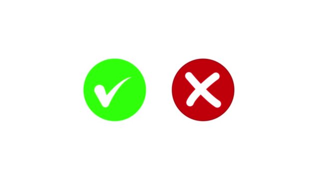 Animated pop-up green check mark and red cross X symbol on a transparent background.Video footage of yes or no, true or false with alpha channel.4k motion video