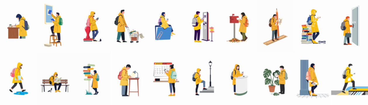 Flat vector collection of diverse students in yellow raincoats engaged in various study, travel, and campus life activities on a white background.