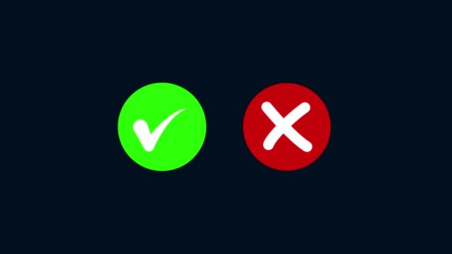 Animated pop-up green check mark and red cross X symbol on a transparent background.Video footage of yes or no, true or false with alpha channel.4k motion video