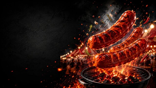 Juicy and Flavorful Grilled Sausages Flying Above BBQ Grill with Flames and Festive Background for Celebratory Outdoor Events and Gatherings
