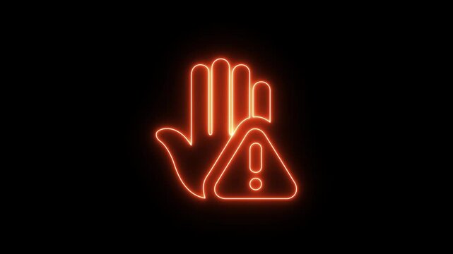 Prohibitory sign Animation with a raised hand with neon tringle icon. Danger warning with hand. motion graphic of prohibited Hand concept
