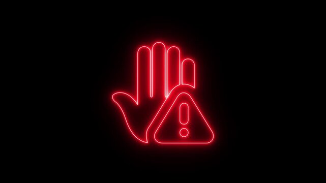 Prohibitory sign Animation with a raised hand with neon tringle icon. Danger warning with hand. motion graphic of prohibited Hand concept